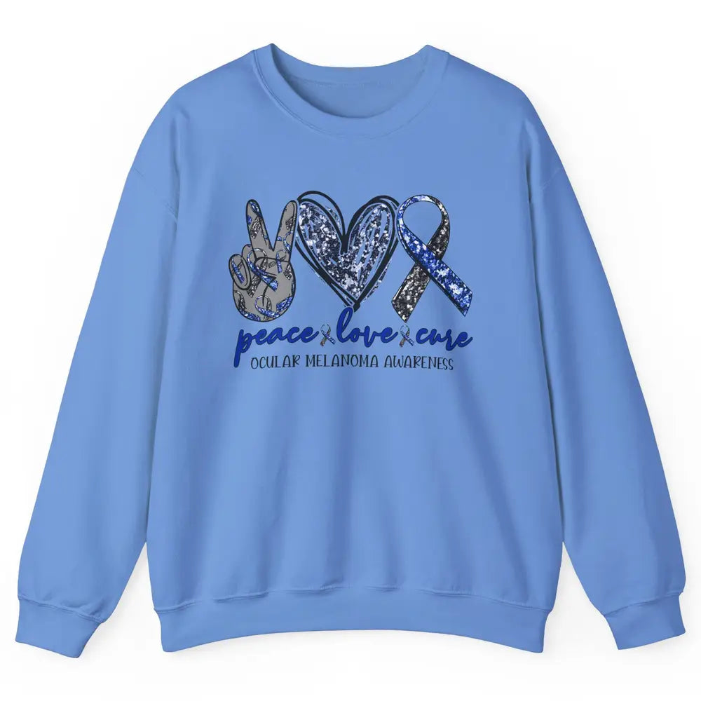 Ocular Melanoma Awareness Peace Love Cure Blue Ribbon Unisex Crewneck Sweatshirt