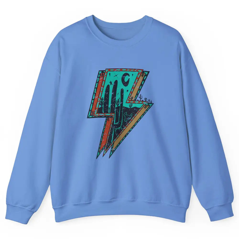 Retro Desert Cactus Night Turquoise Lightning Bolt Western Unisex Crewneck Sweatshirt