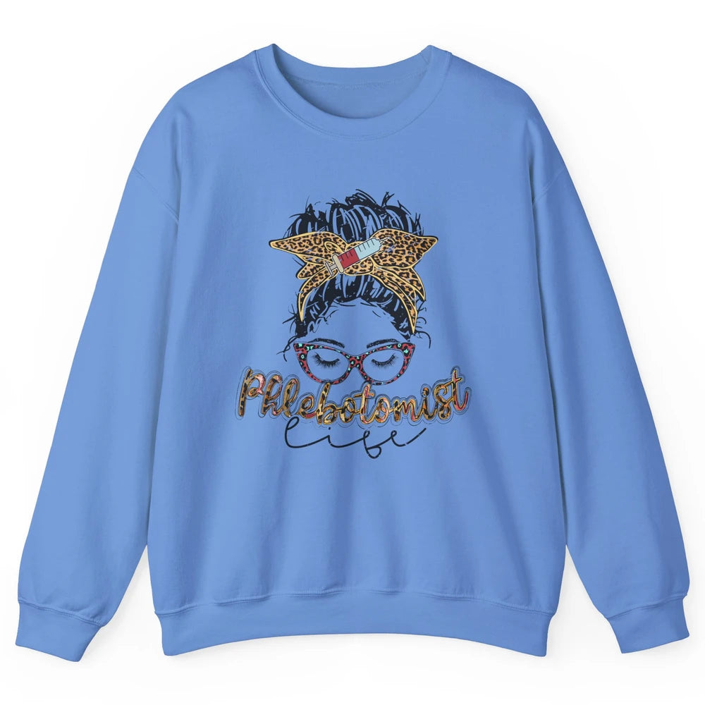 Retro Leopard Phlebotomist Life Messy Bun Mom Phlebotomy Unisex Crewneck Sweatshirt