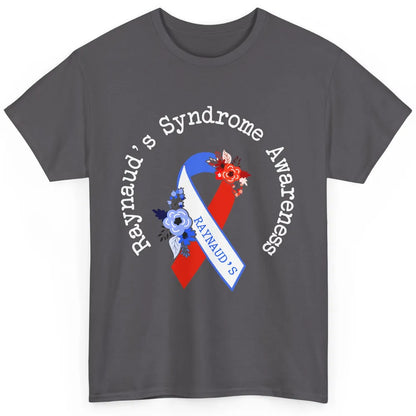 Raynaud's Syndrome Awareness Support Floral Red Blue Ribbon Classic Unisex T-Shirt