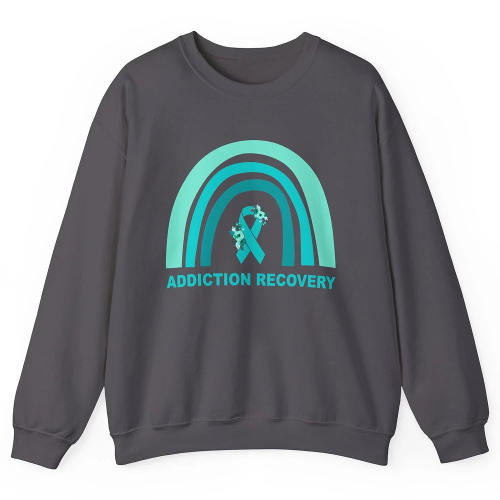 Addiction Recovery Awareness Floral Teal Ribbon Rainbow Unisex Crewneck Sweatshirt
