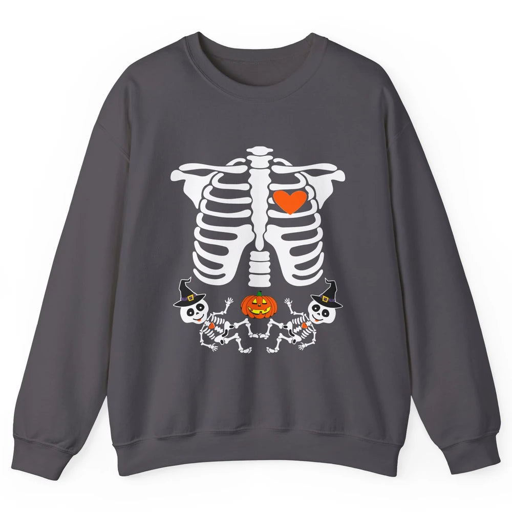 Pregnant Halloween Skeleton Baby Twins Witch Pumpkin Costume Unisex Crewneck Sweatshirt