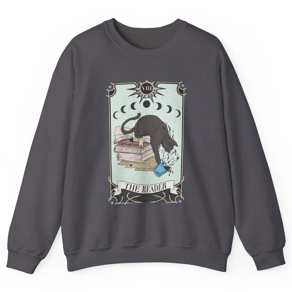 Retro Black Cat Books The Reader Tarot Card Halloween Reading Book Crescent Moon Unisex Crewneck Sweatshirt