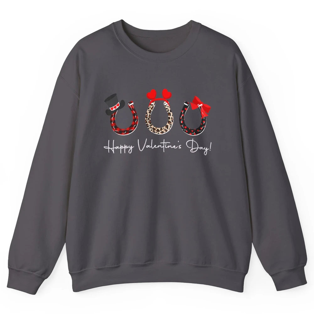 Leopard Red Plaid Heart Love Horseshoes Horse Lover Happy Valentine's Day Unisex Crewneck Sweatshirt