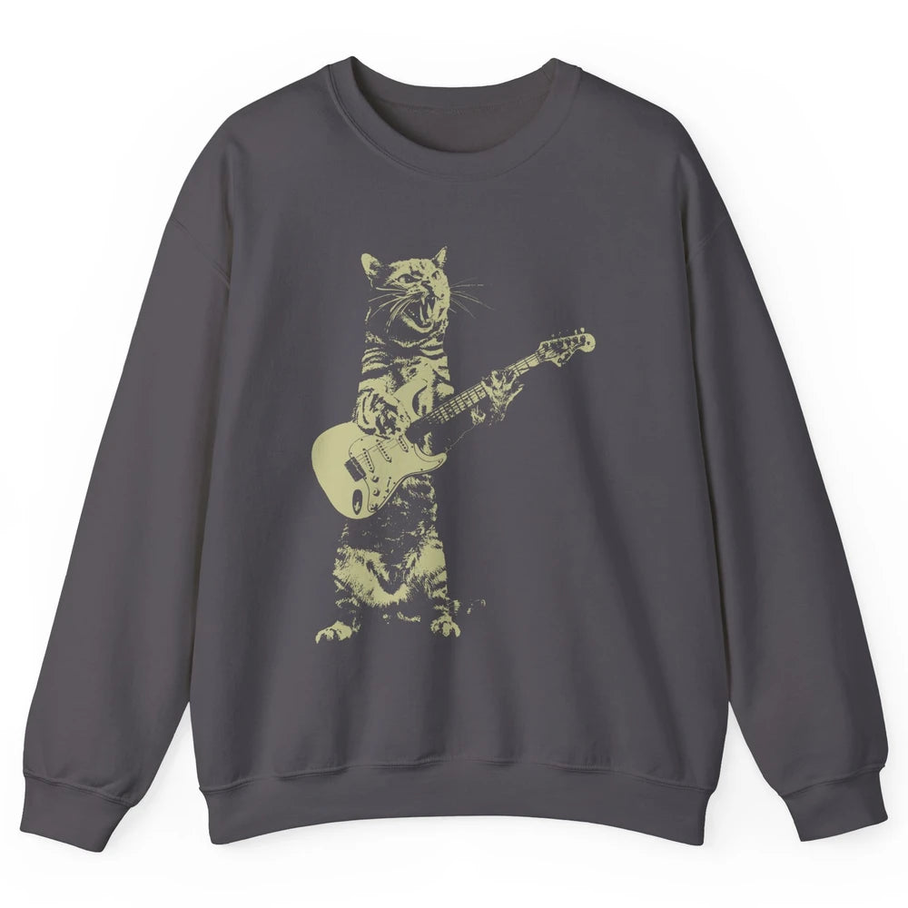 Retro Cat Playing Guitar Cat Guitarist Music Lovers Cat Mom Unisex Crewneck Sweatshirt