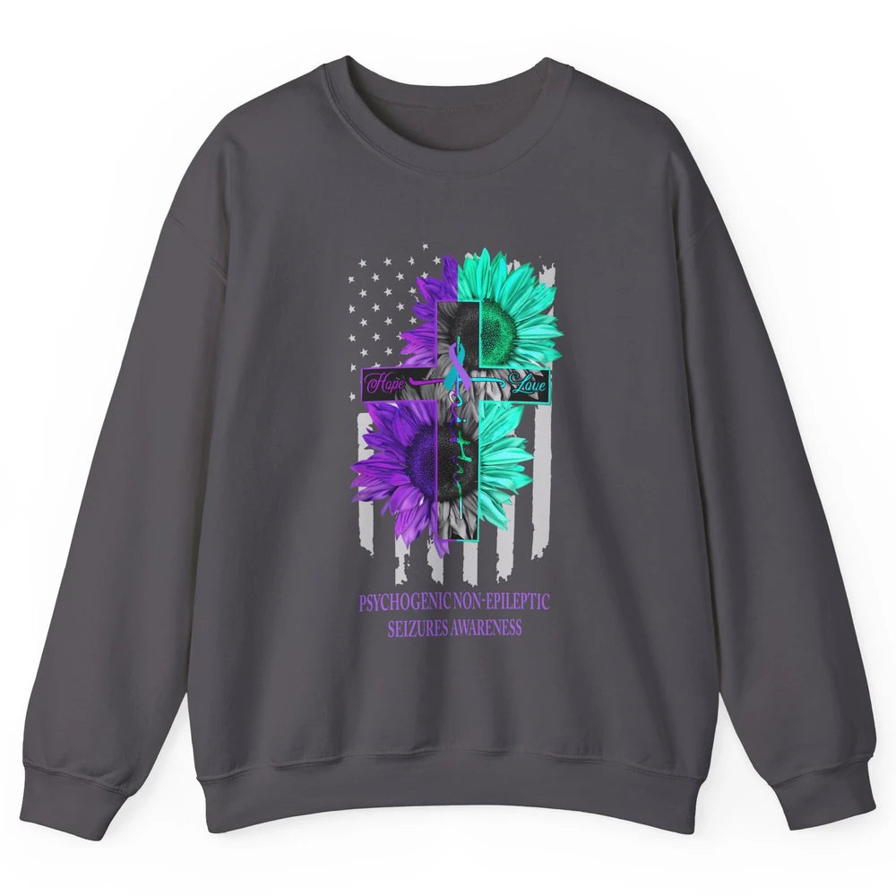 PNES Awareness Faith Hope Love Jesus Cross US Flag Ribbon Unisex Crewneck Sweatshirt