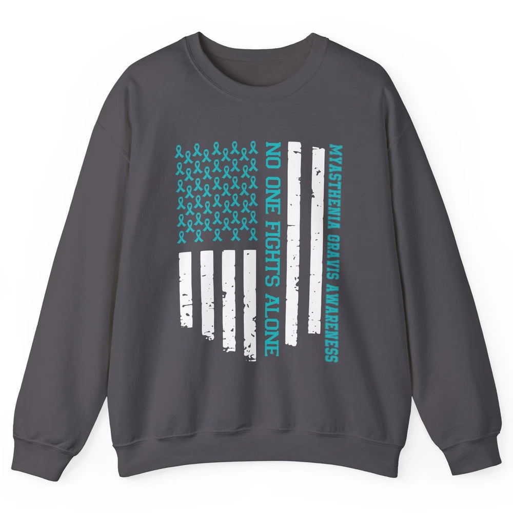 Myasthenia Gravis Awareness Teal Ribbon No One Fight Alone Unisex Crewneck Sweatshirt