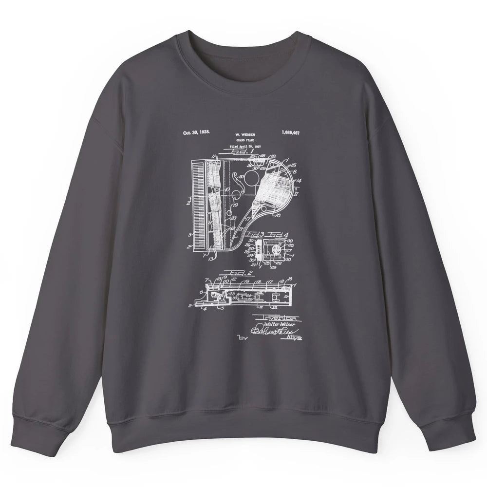 Piano Patent Style Vintage Grand Pianist Line Art Drawing Unisex Crewneck Sweatshirt