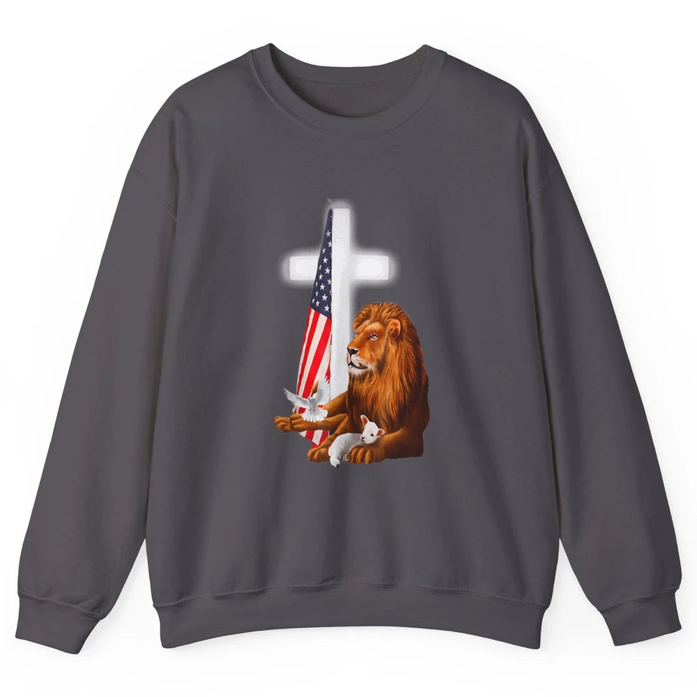Patriotic Christian Lamb Bible Verse Lion Cross Religious Unisex Crewneck Sweatshirt