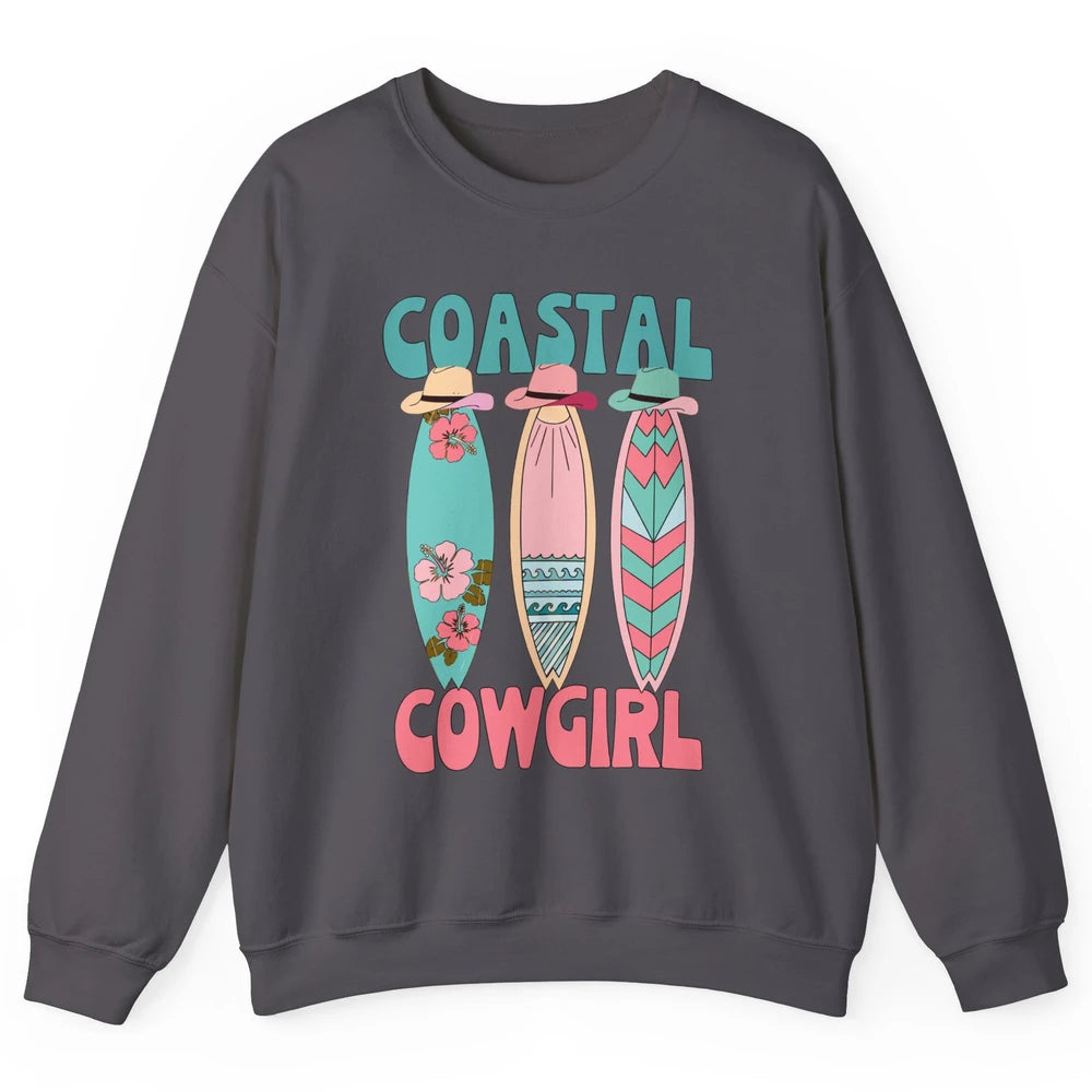 Retro Coastal Cowgirl Surfboards Western Cowgirl Beach Life Unisex Crewneck Sweatshirt