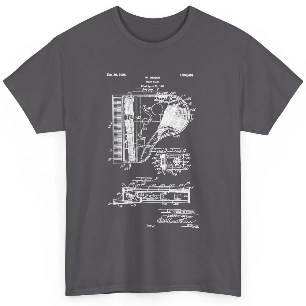 Piano Patent Style Vintage Grand Pianist Line Art Drawing Classic Unisex T-Shirt