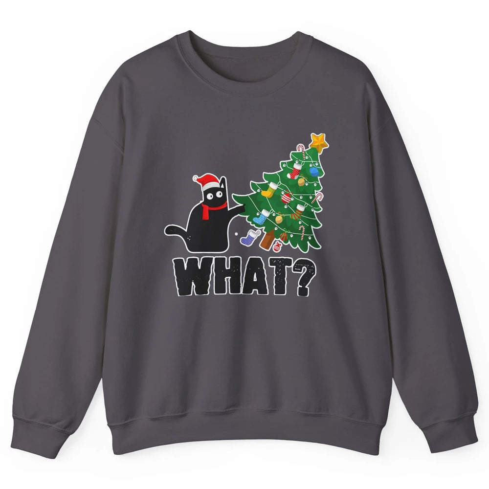 Black Cat Pushing Christmas Tree What Xmas Lights Santa Hat Unisex Crewneck Sweatshirt