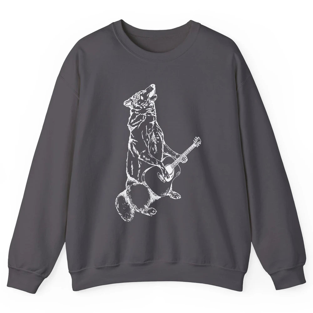 Retro Howling Wolf Playing Guitar Musician Guitarist Music Unisex Crewneck Sweatshirt