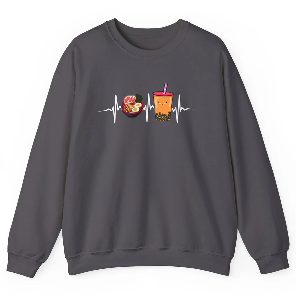 Ramen And Bubble Tea Lovers Heartbeat Japanese Food Kawaii Unisex Crewneck Sweatshirt