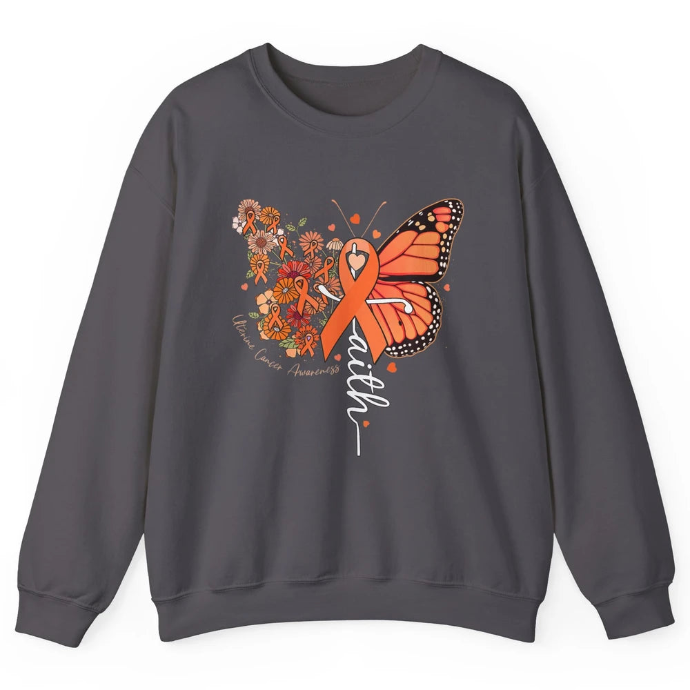 Peach Floral Butterfly Cross Faith Uterine Cancer Awareness Unisex Crewneck Sweatshirt