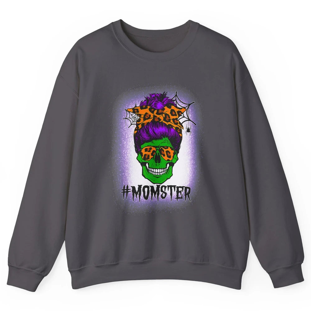 Retro Momster Messy Bun Skull Mom Halloween Spooky Mama Goth Unisex Crewneck Sweatshirt