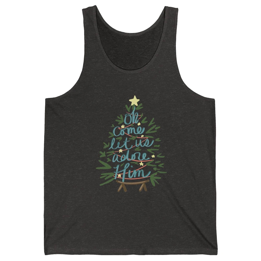 Oh Come Let Us Adore Him Groovy Christmas Tree Church Xmas Unisex Jersey Tank