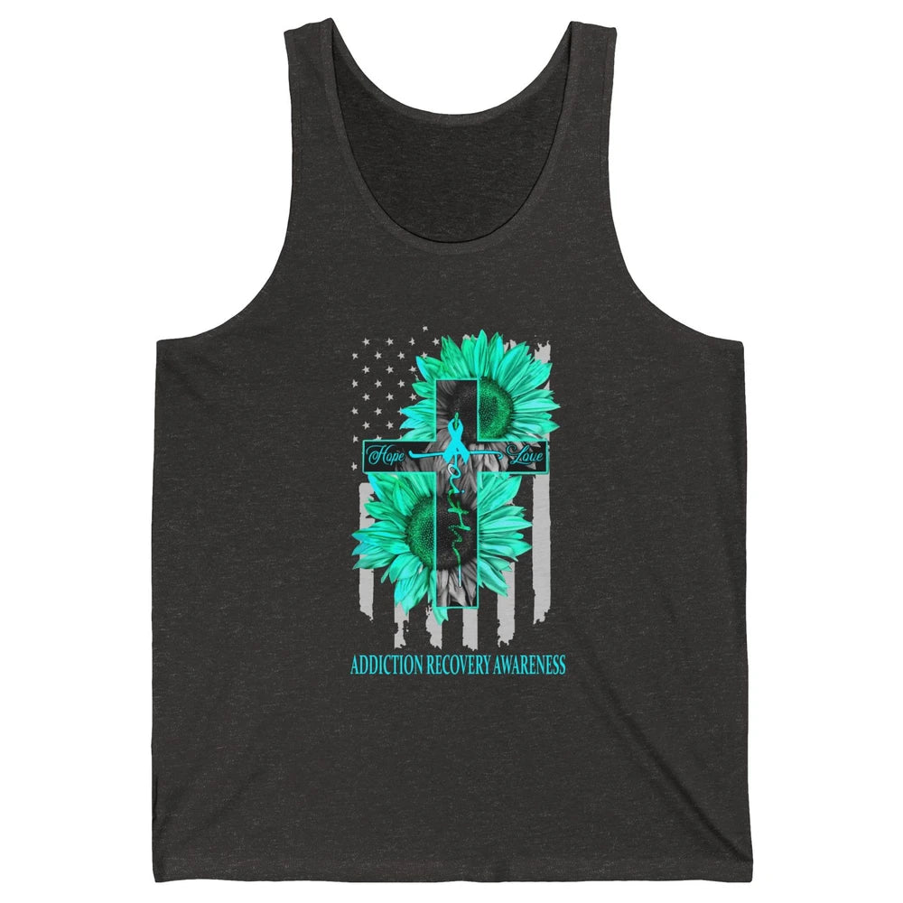 Addiction Recovery Faith Hope Love Teal US Flag Jesus Cross Unisex Jersey Tank