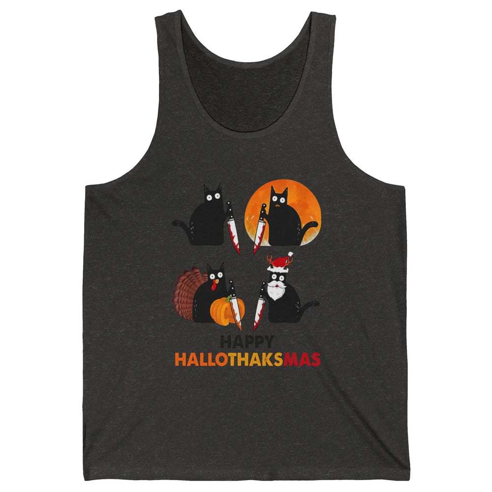 Funny Murderous Cat Turkey Hallo-thank-mas Thanksgiving Xmas Unisex Jersey Tank