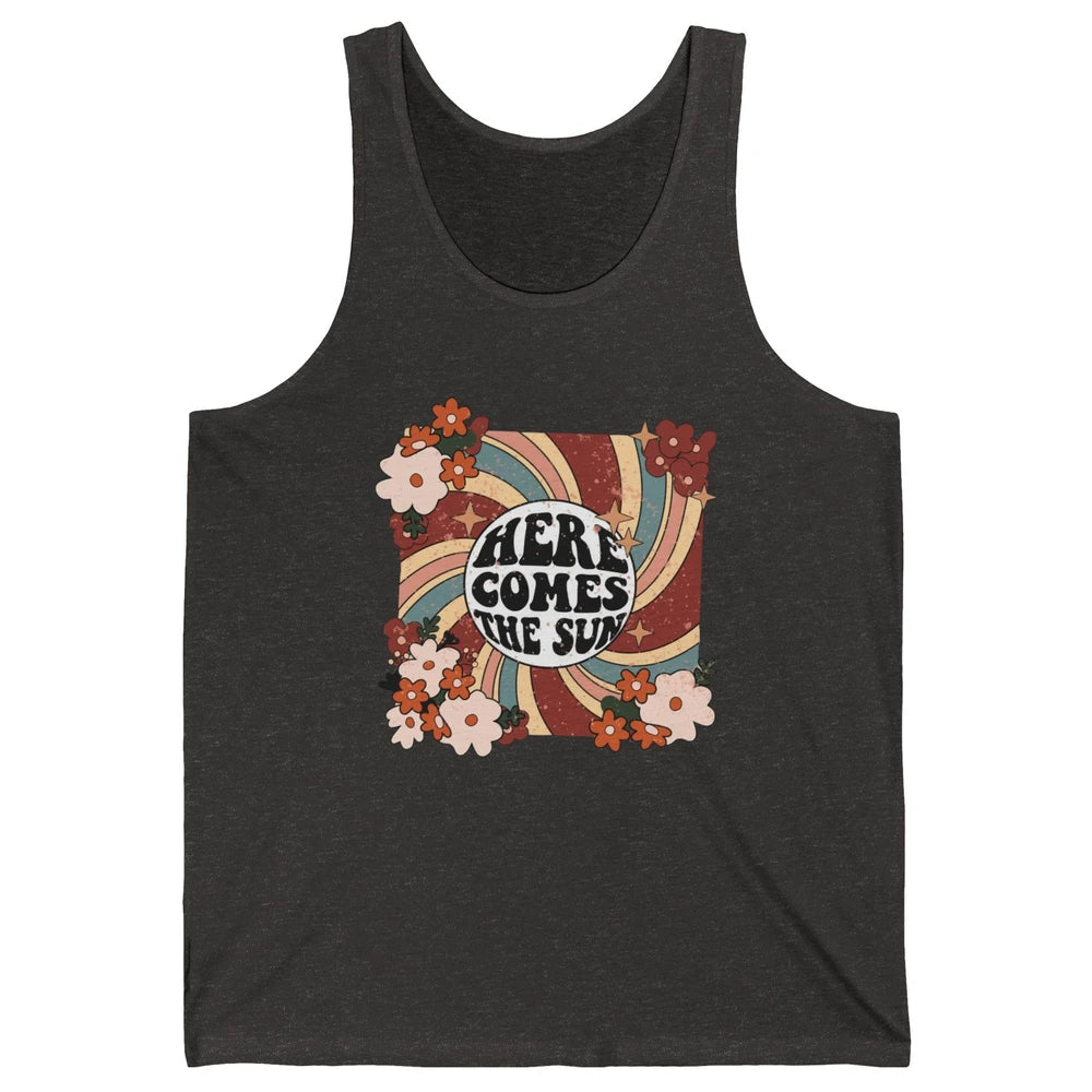 Retro Rainbow Sunrise Here Come The Sun Hippie Inspirational Unisex Jersey Tank