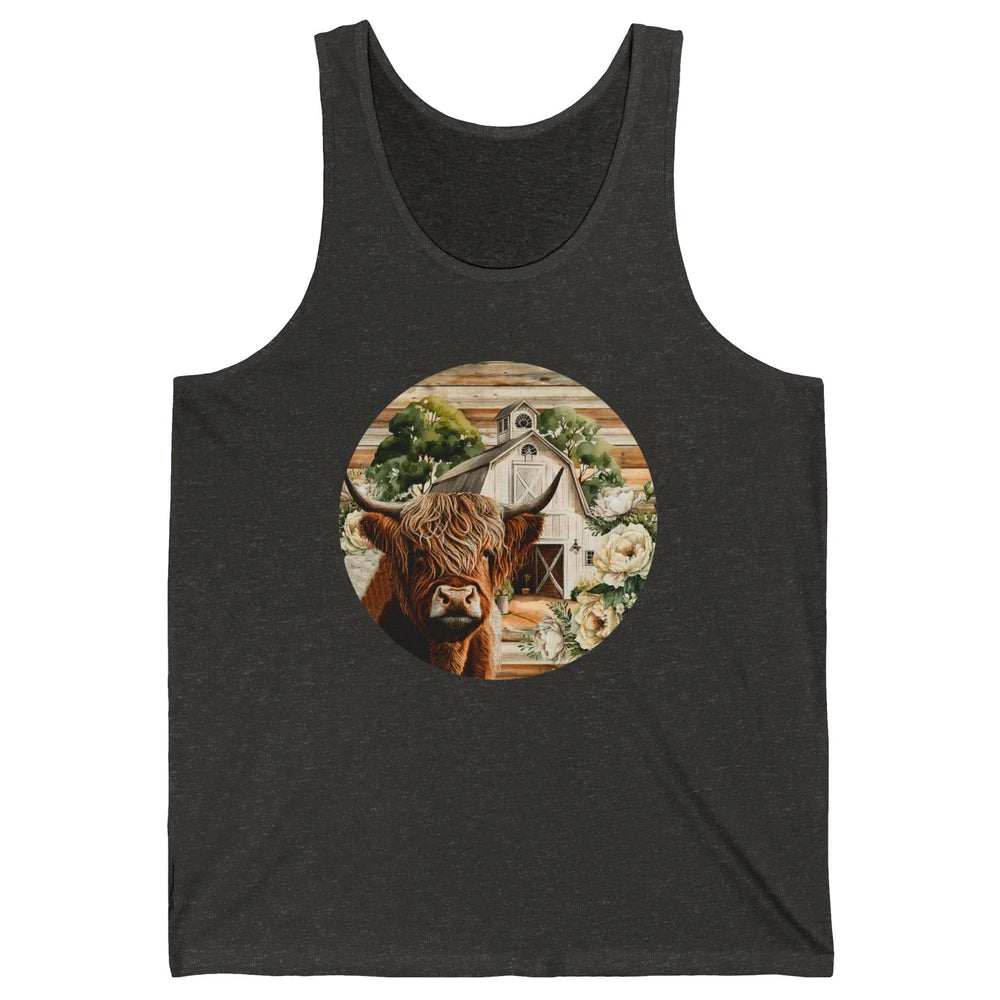 Retro Farm Highland Cow Barn House Western Country Farmer Unisex Jersey Tank