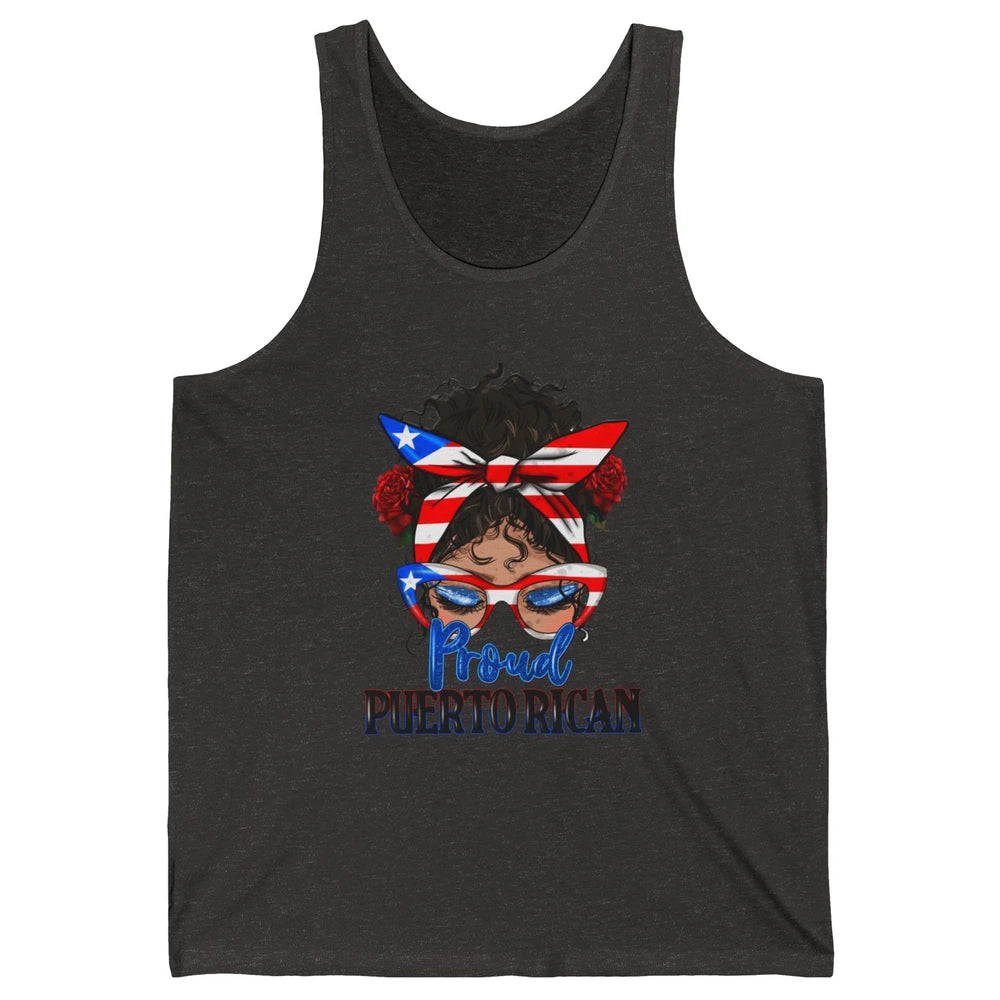 Proud Puerto Rican Girl Messy Bun Hair Puerto Rico Flag Unisex Jersey Tank