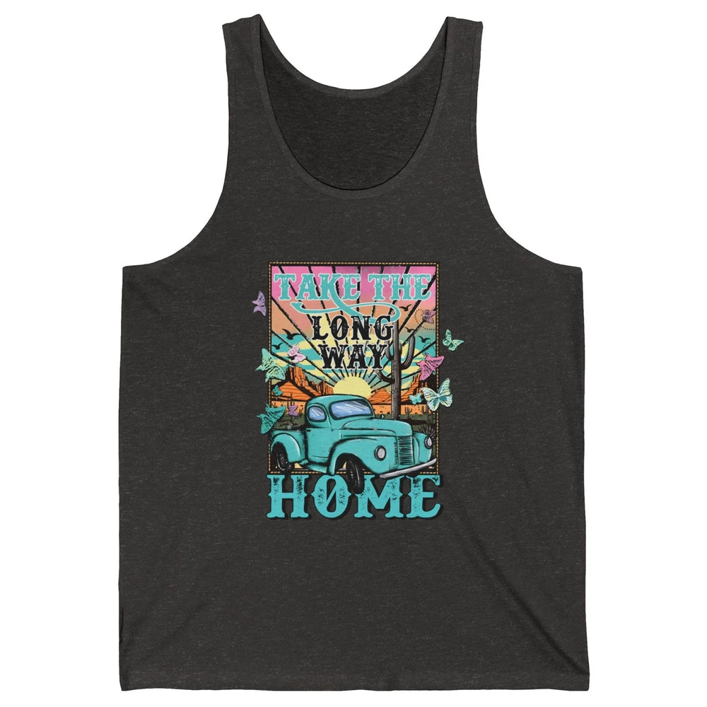 Retro Mountain Sunset Take The Long Way Home Western Country Unisex Jersey Tank
