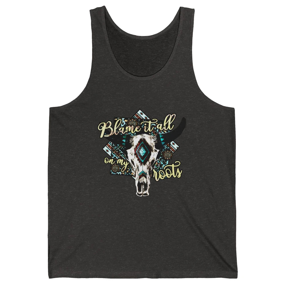 Retro Boot Blame It All On My Root Cow Skull Western Cowboy Unisex Jersey Tank