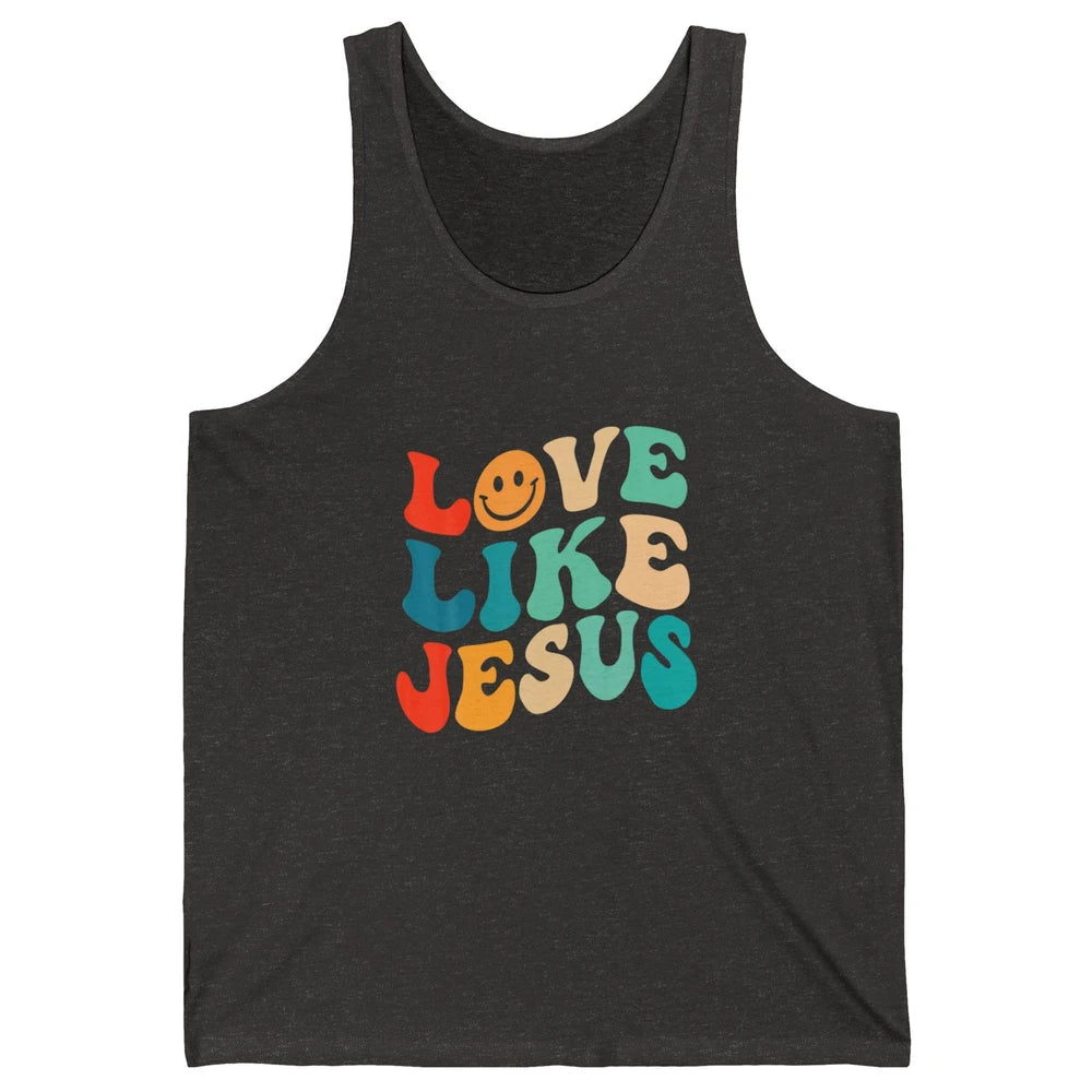 Retro Groovy Love Like Jesus Smiling Face Christ Faith God Unisex Jersey Tank