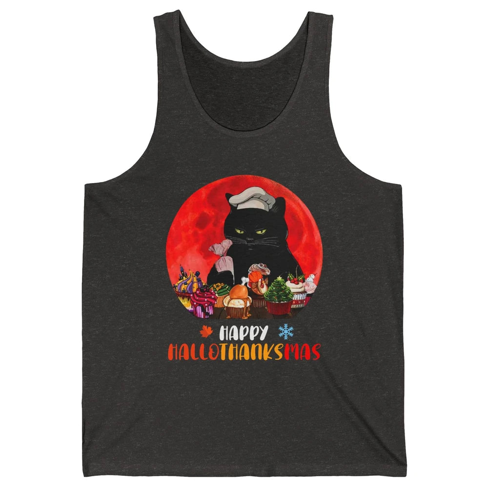 Black Cat Happy Hallothanksmas Baker Cat Halloween Christmas Unisex Jersey Tank