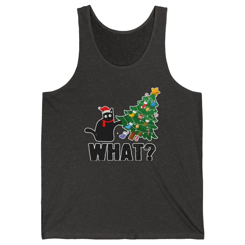 Black Cat Pushing Christmas Tree What Xmas Lights Santa Hat Unisex Jersey Tank