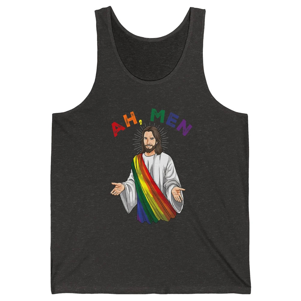 Ah Men LGBT Gay Pride Jesus Christian God Rainbow Flag Love Unisex Jersey Tank