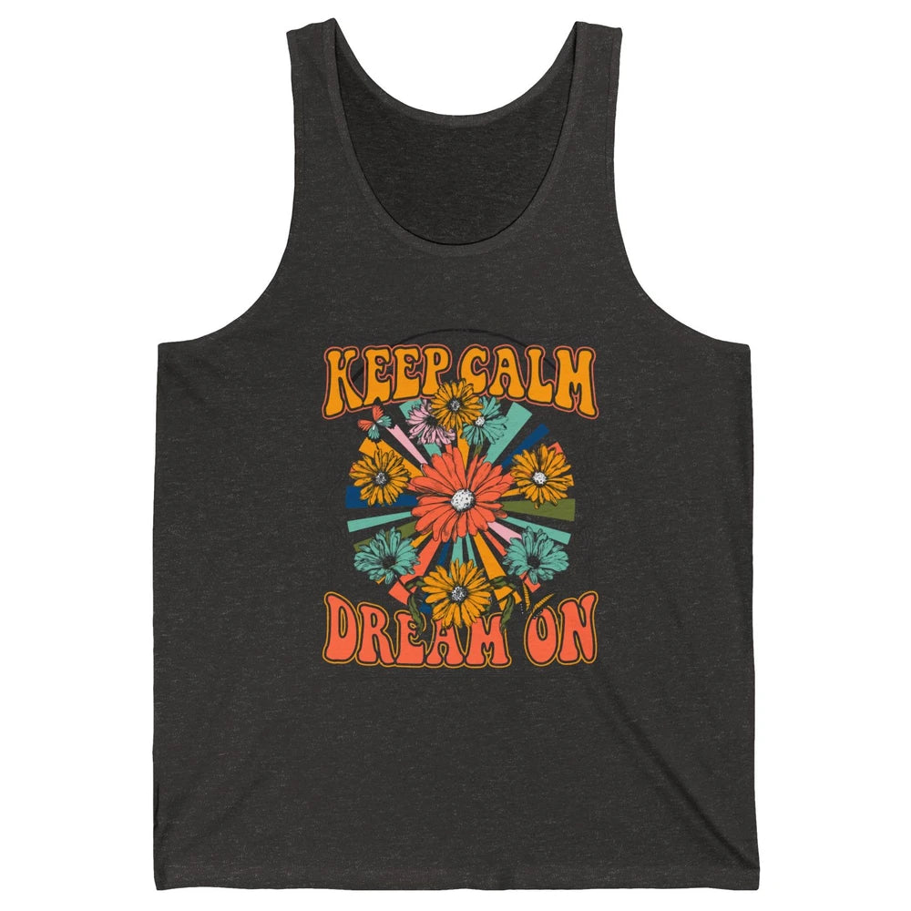 Retro Floral Rainbow Keep Calm Dream On Peace Hippie Girl Unisex Jersey Tank