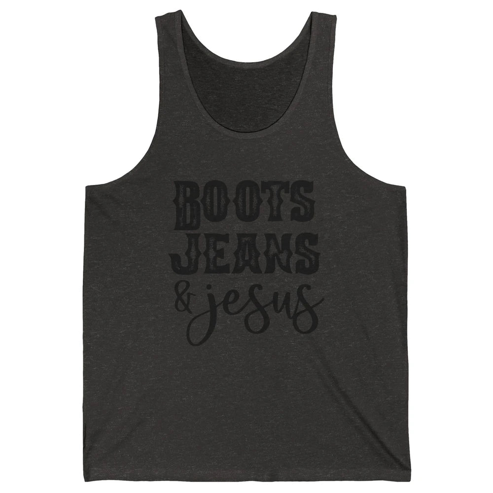Retro Boots Jeans and Jesus Christian Western Country Cowboy Unisex Jersey Tank