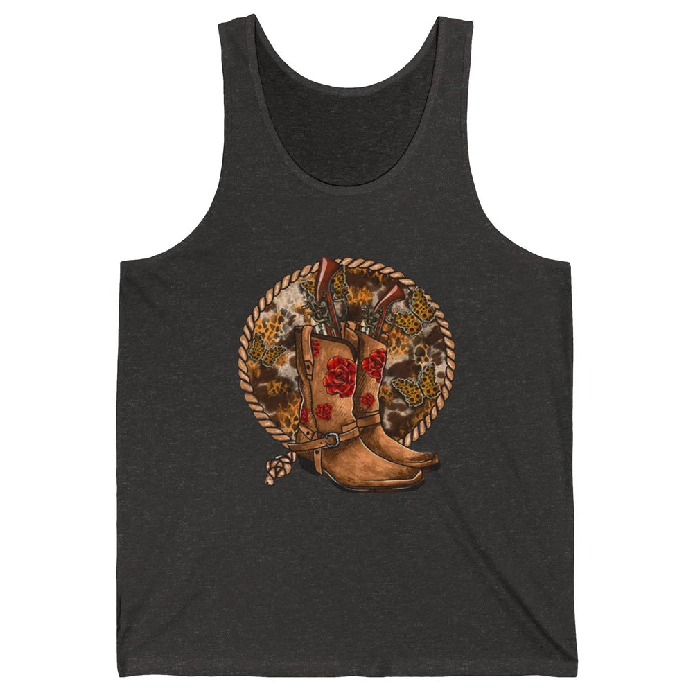 Retro Leopard Cowgirl Boots Sunflower Rodeo Western Country Unisex Jersey Tank