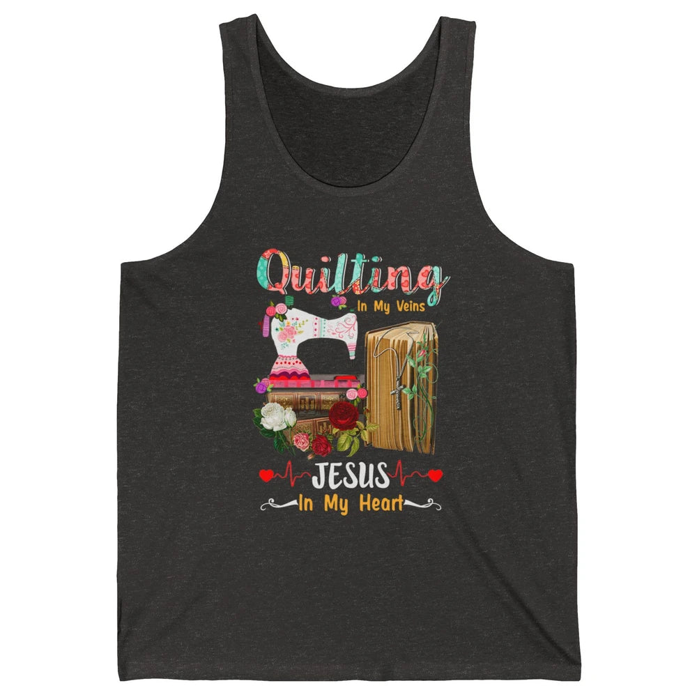 Quilting In My Veins Jesus In Heart Christian Retro Quilt Unisex Jersey Tank