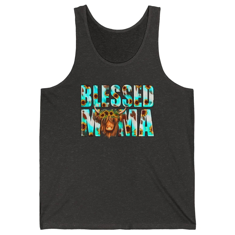 Retro Sunflower Highland Cow Blessed Mama Western Cow Mama Unisex Jersey Tank