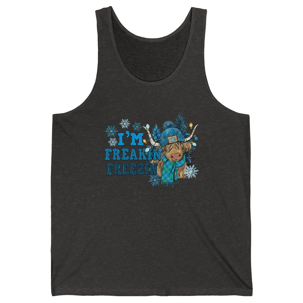 Funny Christmas Highland Cow I'm Freaking Freezing Western Unisex Jersey Tank