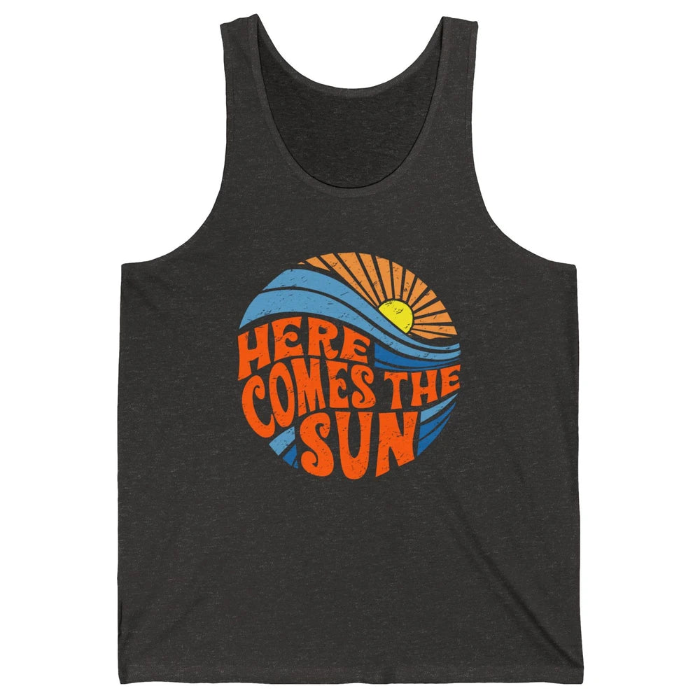 Retro Rainbow Sunrise Here Comes The Sun Hippie Girl Unisex Jersey Tank