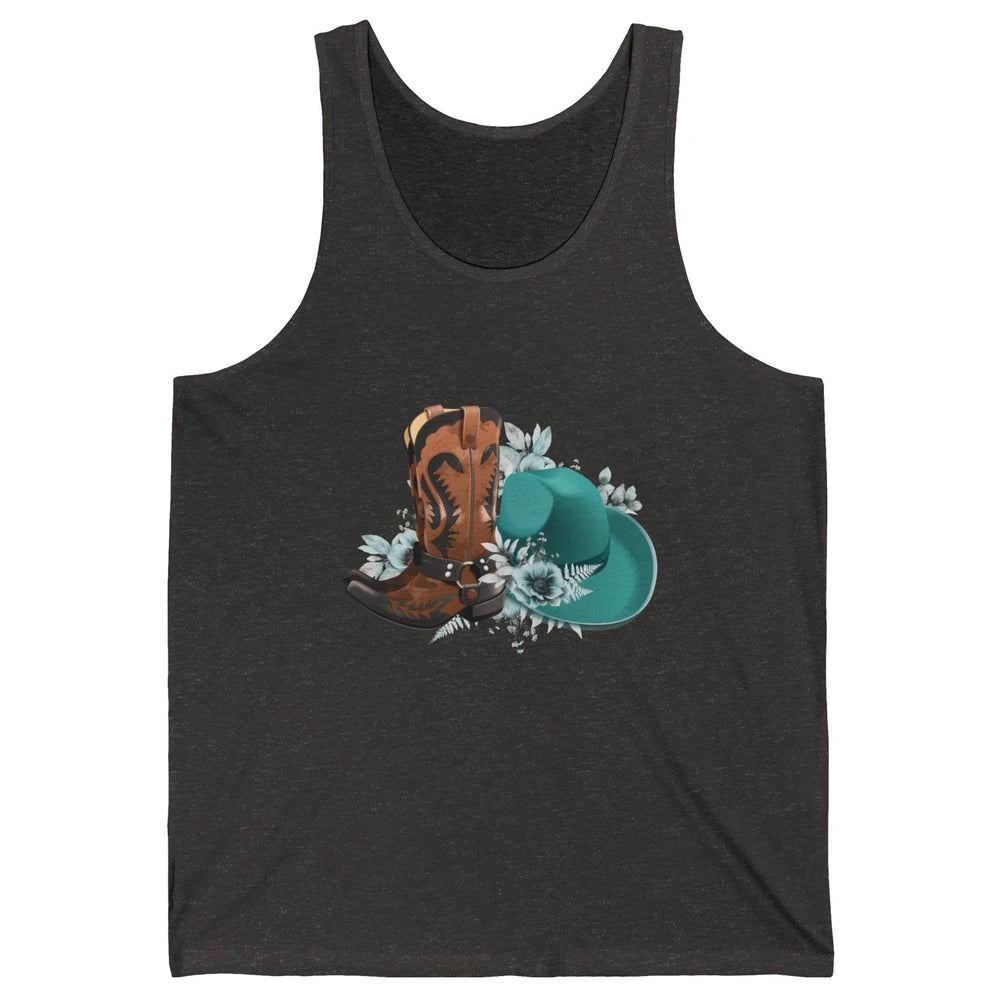 Retro Cowgirl Floral Turquoise Cowboy Boots Rodeo Western Unisex Jersey Tank