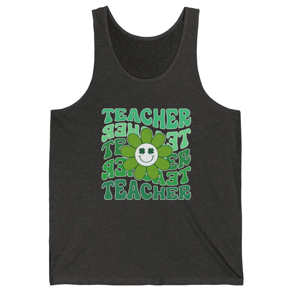 Retro Groovy Wavy Teacher Smiling Face Daisy St Patricks Day Unisex Jersey Tank