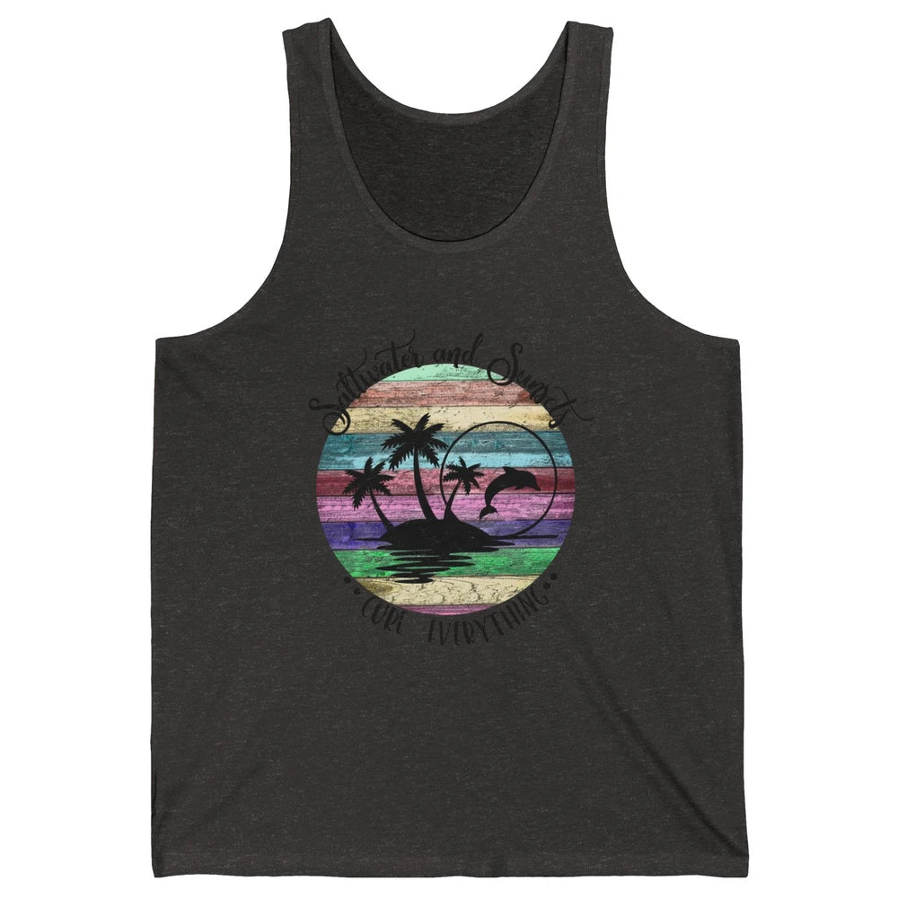 Retro Beach Sunset Saltwater and Sunsets Cure Everything Unisex Jersey Tank