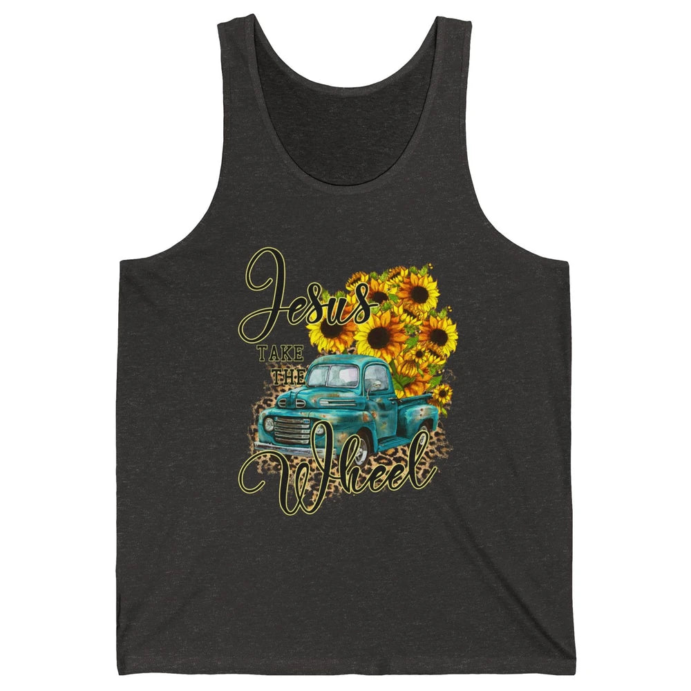 Sunflower Jesus Take The Wheel Christian Gift Leopard Print Unisex Jersey Tank