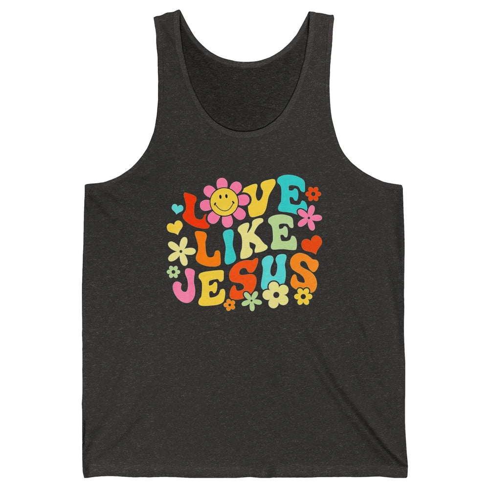 Retro Groovy Love Like Jesus Smiling Face Daisy Boho God Unisex Jersey Tank
