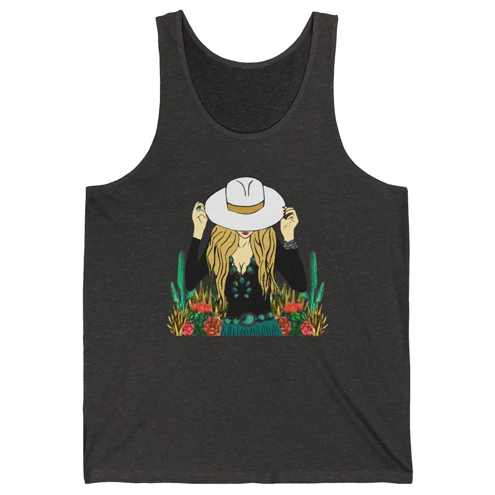 Retro Blonde Cowgirl Punchy Cowhide Turquoise Western Cowboy Unisex Jersey Tank