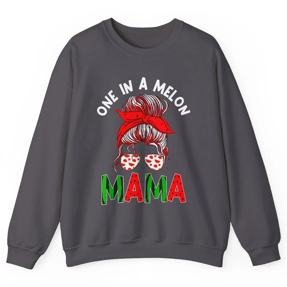 One In A Melon Mama Messy Bun Watermelon Summer Fruit Mother Unisex Crewneck Sweatshirt