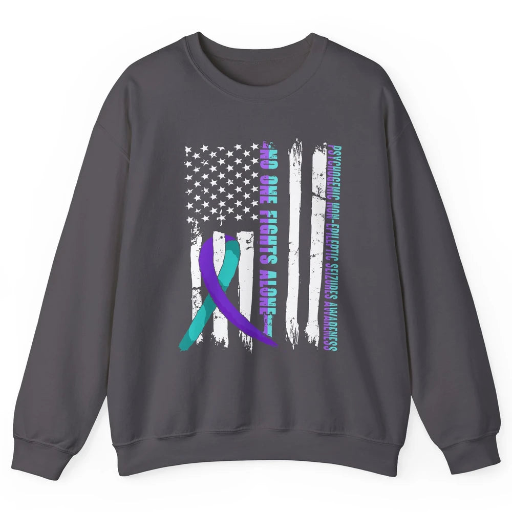 PNES Awareness Purple Teal Ribbon No One Fight Alone US Flag Unisex Crewneck Sweatshirt
