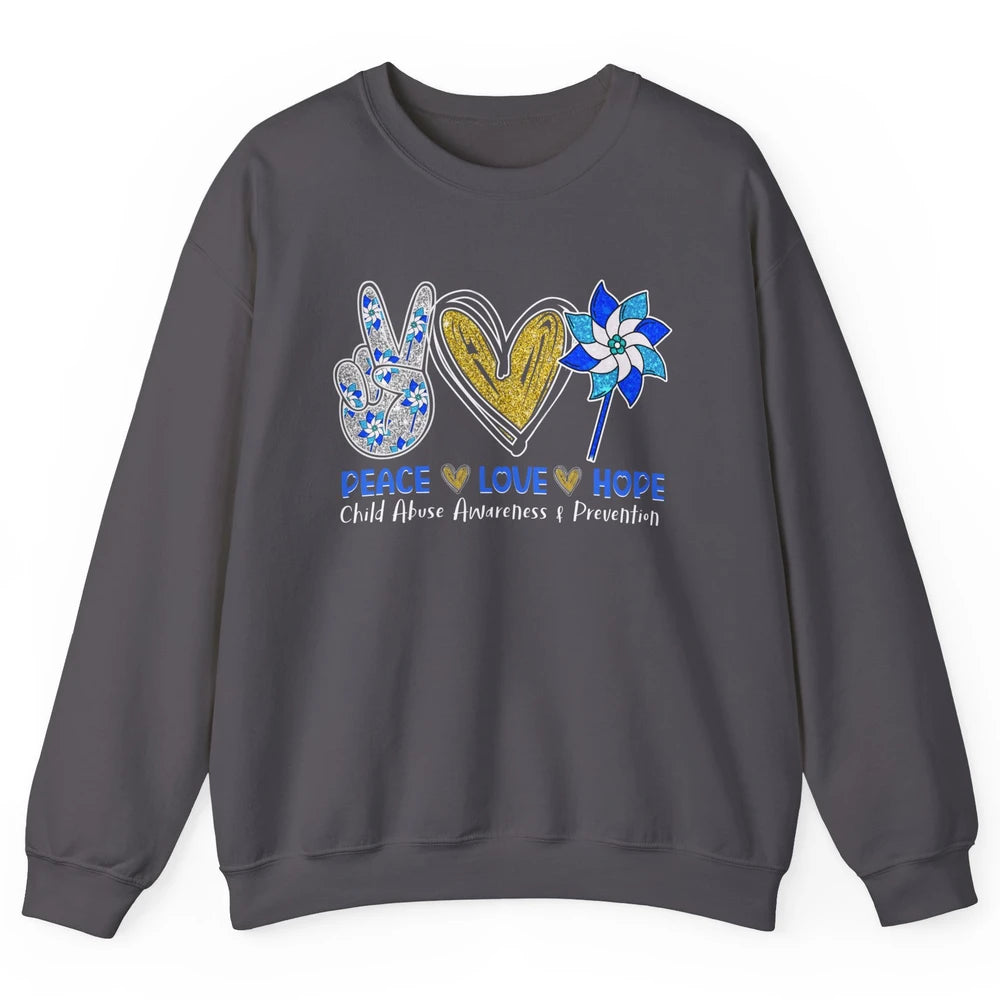 Peace Love Leopard Pinwheel Child Abuse Prevention Month Unisex Crewneck Sweatshirt