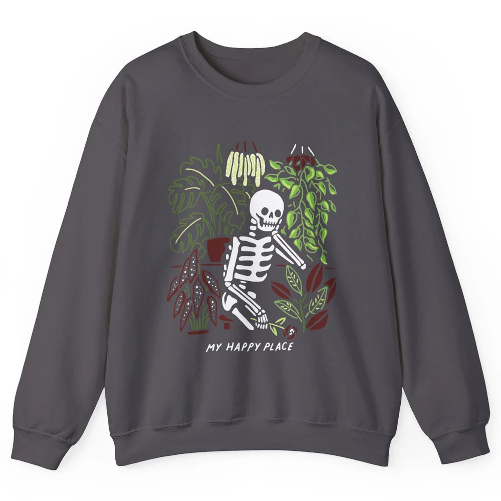 Retro Funny Skeleton Gardening My Happy Place Plant Lovers Unisex Crewneck Sweatshirt