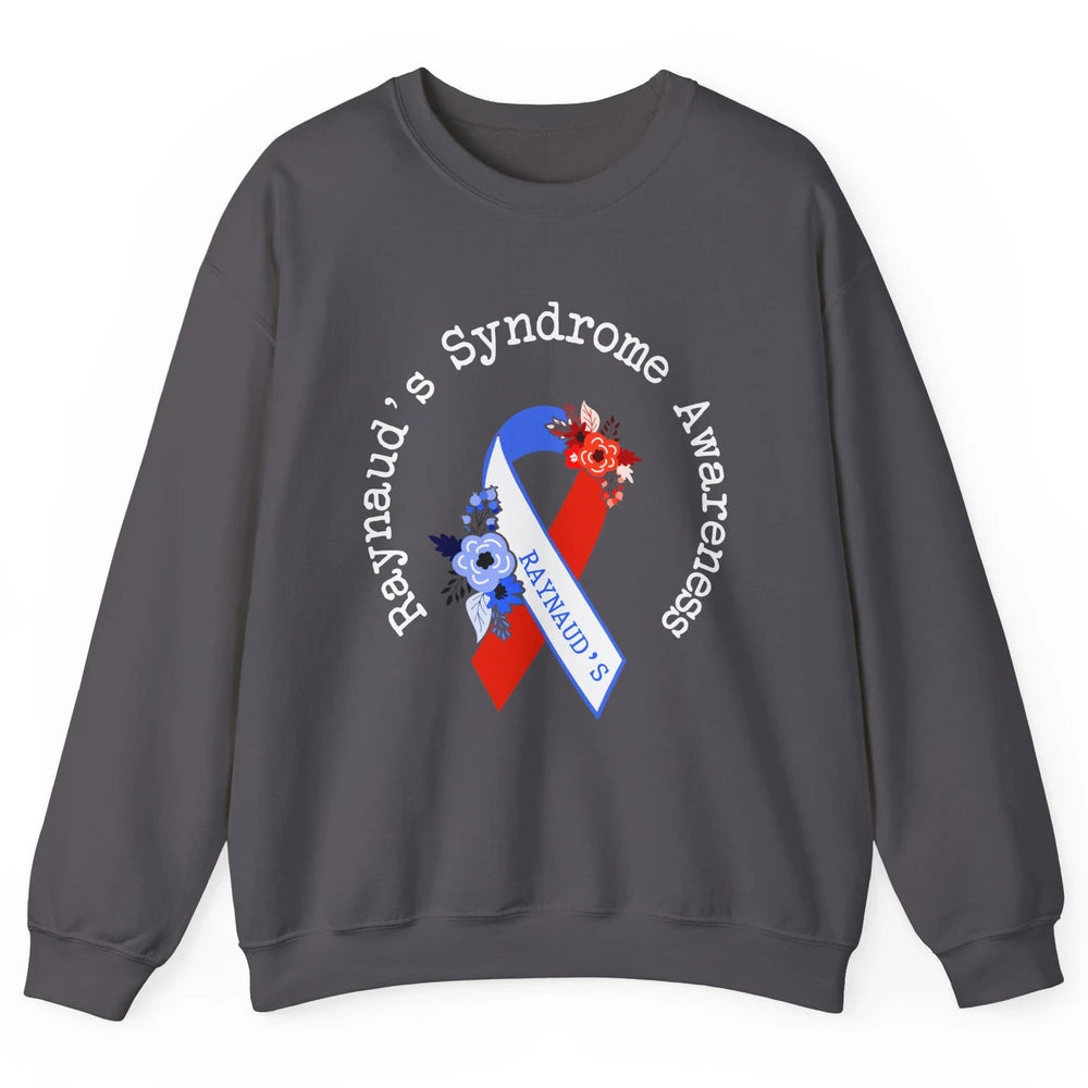 Raynaud's Syndrome Awareness Support Floral Red Blue Ribbon Unisex Crewneck Sweatshirt